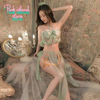 Зеленая Элегантная юбка с разрезом в виде бабочки в Древнем стиле, комплект нижнего белья, Униформа, аниме, косплей, Нижнее белье, порно Костюм, женский костюм