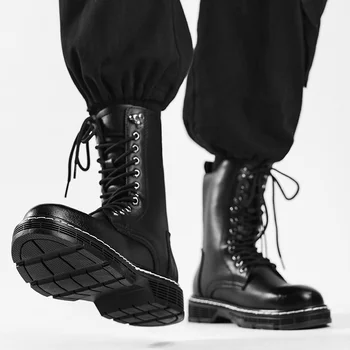 Ботинки Martin; Мужские Кожаные ботинки со Средним верхом на молнии; Британские Высокие Рабочие Ботинки с большим Плюшем; Трендовые Мужские Черные Мотоциклетные ботинки