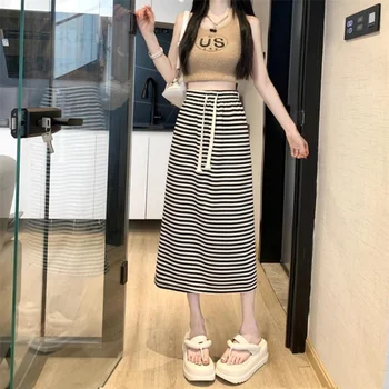 Лето 2023, Новая Свободная Полосатая модная Корейская версия с принтом, повседневные прямые юбки с высокой талией и эластичным шнурком для поездок на работу