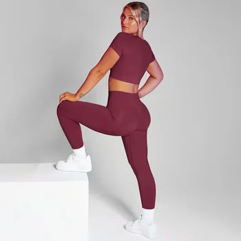Женский бесшовный трикотажный костюм для йоги с глубоким вырезом и короткими рукавами, спортивная футболка Honey Peach, леггинсы в стиле хип-хоп, комплекты для фитнеса для бега
