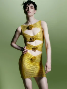 Женская мода 2023 года, роскошное Сексуальное платье с золотыми блестками, расшитое бисером, без рукавов, с цветочным декором, облегающее клубное платье для вечеринки