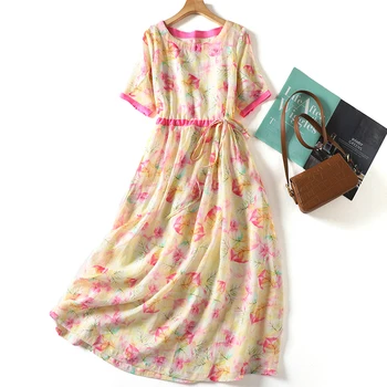 Хлопчатобумажное льняное платье с цветочным рисунком, женское летнее новое корейское модное элегантное повседневное розовое платье на шнуровке с круглым вырезом