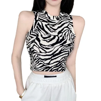 Женский укороченный топ в винтажную зебровую полоску, летняя одежда в стиле гранж, клубная одежда без рукавов с круглым вырезом, укороченная футболка на бретелях, уличная одежда
