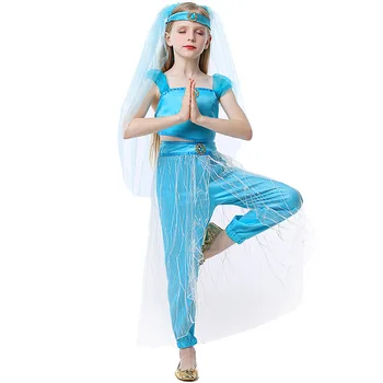 Сказки Жасмин Косплей, костюм арабской принцессы для девочек, детский комплект из 4 шт., синие костюмы на Хэллоуин для женщин
