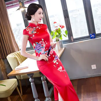 Yourqipao Летнее Красное Длинное Ципао Элегантный Подиум Модное Банкетное Ципао В Китайском Традиционном Стиле Вечернее Платье для Женщин
