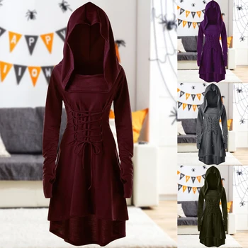 Винтажный костюм для косплея на Хэллоуин, Ведьма, Вампир, готическое платье, приталенные платья-халатики с перекрестными ремешками, однотонная одежда для вечеринок