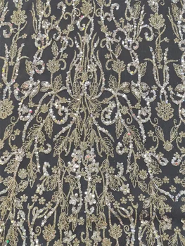 Новый дизайн, Африканский Французский тюль, кружевная ткань, Высококачественный Модный Золотой клей, Блестящее сетчатое кружево с бисером и пайетками для вечернего платья
