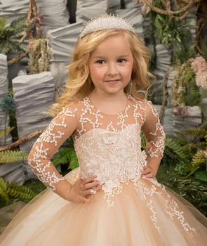 Платье цветочницы из пушистого тюля цвета шампанского с белой аппликацией, свадебное элегантное платье в цветочек для первого евхаристического дня рождения ребенка