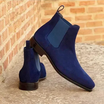 Мужские ботинки Челси из флока в синюю клетку, классические модные Деловые Повседневные ботинки ручной работы с круглым носком