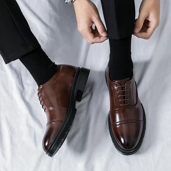 Оксфордские туфли, мужская деловая официальная одежда, Мужская кожаная коричневая банкетная мужская обувь, Модельная мужская обувь, Свадебные Дерби