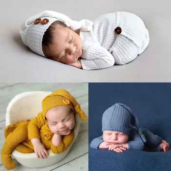 Одежда для фотосъемки новорожденных, одежда для малышей 0-3 месяцев, вязаный комбинезон в клетку, шляпа с длинным хвостом, студийные аксессуары