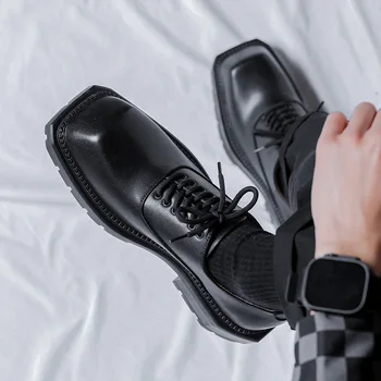мужская роскошная модная обувь из натуральной кожи, черные стильные оксфорды на шнуровке, брендовые дизайнерские кроссовки с квадратным носком, обувь на платформе