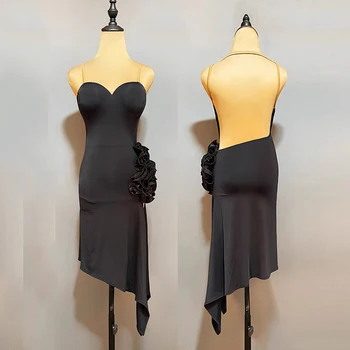 Женское сексуальное платье для латиноамериканских танцев с открытой спиной, черная одежда для выступлений в чаче, сценический костюм для самбы, румбы, танго DL10927