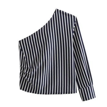 Женская осенняя Новая Асимметричная рубашка в полоску с принтом, скошенный вырез, свободный повседневный топ с одним рукавом