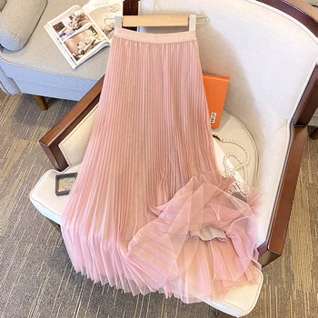 TIGENA, милая Розовая фатиновая длинная юбка для женщин, Осень 2023, Корейская элегантная Однотонная юбка трапециевидной формы с высокой талией, плиссированная сетчатая юбка Миди, женская