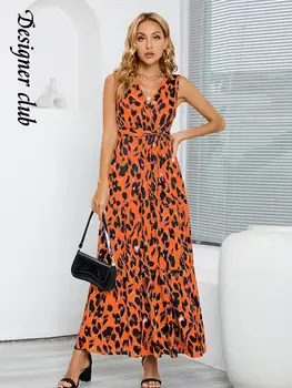 Модные женские халаты на шнуровке с леопардовым принтом, облегающее платье Макси без рукавов с V-образным вырезом, Элегантное платье для выпускного вечера 2023 Summer Lady