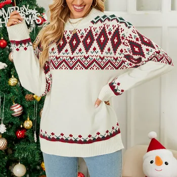 Модные женские свитера 2023, повседневный круглый вырез, рождественский вязаный пуловер с контрастными цветными блоками, свитер, женские зимние теплые кофты