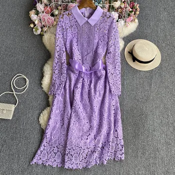 SuperAen 2023 Осеннее Кружевное Платье С Длинным Рукавом Корейская Мода Фиолетовое Кружевное Элегантное Длинное Платье для Женщин