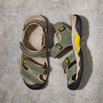 Летние мужские повседневные пляжные водонепроницаемые ботинки, дышащие модные треккинговые сандалии для отдыха из натуральной кожи, скалолазание, Рыбалка