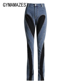 Женские джинсы GYMAMAZES хитового цвета с застежкой-молнией, с высокой талией, с разрезными карманами в стиле пэчворк, повседневные Джинсы для похудения, женский модный стиль