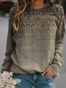Женский повседневный свитер, пуловер с капюшоном, Топы 2023, весна-осень, Ретро, круглый вырез, футболка в этническом стиле, S-XXXL