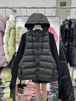 Женское трикотажное пуховое пальто с капюшоном, мода 2023, осень-зима, женская куртка на молнии с длинным рукавом и завязками.
