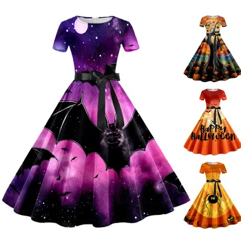 Женские короткие осенние платья с принтом тыквы на Хэллоуин, вечерние длинные кружевные платья для женщин, платье с длинным рукавом