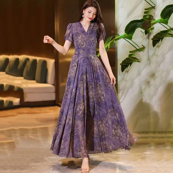 Новое женское фиолетовое шифоновое платье с цветочным рисунком, Летнее модное китайское платье с V-образным вырезом и коротким рукавом, винтажное струящееся длинное платье