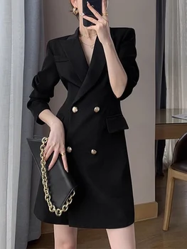 Модное женское платье с длинным рукавом, винтажное платье во французском стиле, Тонкое мини, однотонное, с надрезом, новинка 2023 года, осенне-зимнее платье