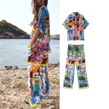 Комплекты женских брюк TRAF 2023, летние новые модные рубашки с принтом, комплект из двух предметов для женщин, костюм, брюки с эластичной резинкой на талии, женская одежда