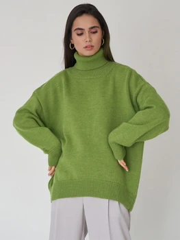 Женские осенне-зимние однотонные свободные свитера, пуловеры, элегантные повседневные офисные женские пуловеры с высоким воротником и длинным рукавом