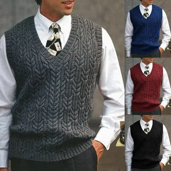 2023 Осенний мужской вязаный свитер, жилет, повседневные Шерстяные свитера с V-образным вырезом, мужские однотонные повседневные пуловеры, Зимняя одежда, жилеты, мужские