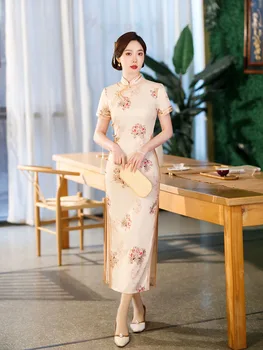 Элегантное шелковое длинное платье ципао в традиционном китайском стиле в стиле ретро для женщин