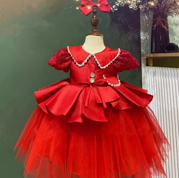 Многоярусное красное тюлевое платье для девочки с коротким рукавом, праздничное платье на День рождения, платье для первого причастия с бантом на голове