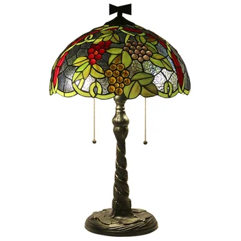 LongHuiJing 16-дюймовая настольная лампа Тиффани в европейском ретро-стиле с цветным стеклянным абажуром с виноградным узором и основанием из мозаики с витыми мухами
