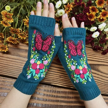 1 пара женских перчаток на полпальца, Вязаные перчатки с вышивкой бабочкой, Длинные зимние теплые варежки, Аксессуары для женской одежды