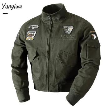 Мужские куртки-бомберы с воротником-стойкой, модная свободная куртка на молнии с вышивкой, мужская военная куртка армейского зеленого цвета, осенне-зимнее однотонное пальто