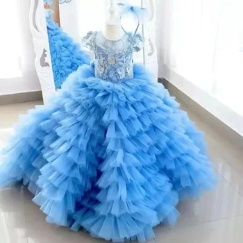 Светло-небесно-голубые платья в цветочек для девочек на свадьбу, Многоуровневое детское праздничное платье в цветочек для дня рождения, нарядные платья для девочек для фотосессии