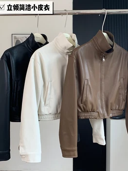 Модные черные кожаные куртки, пальто с отложным воротником, винтажные шикарные топы с длинными рукавами, верхняя одежда Kpop High Street 2023 Осень-зима