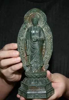 Статуя Лотоса Будды Шакьямуни Амитабхи, вырезанная из старого натурального зеленого нефрита толщиной 7,8 дюйма