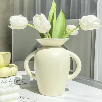 Керамическая ваза в стиле ретро с ручкой, простая однотонная ваза для гостиной, обеденный стол, чайные столики, декоративные цветы для гидропонной культуры