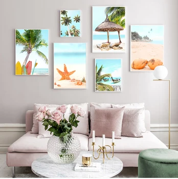 Пляжная доска для серфинга, морская звезда, кокосовая пальма, Автомобильная настенная живопись, плакаты на скандинавскую тему и принты, настенные панно для декора гостиной