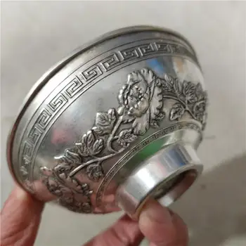 Тибетская антикварная медная чаша с позолоченным серебром, резьба по цветку, Цветущее богатство и честь, Орнамент из коллекции Тибетского серебра