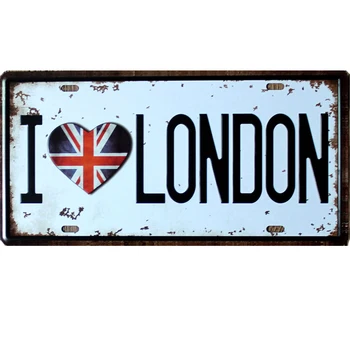 Жестяная вывеска Декор гаража Металлический плакат Автомобильный номерной знак I Love London 15x30 см