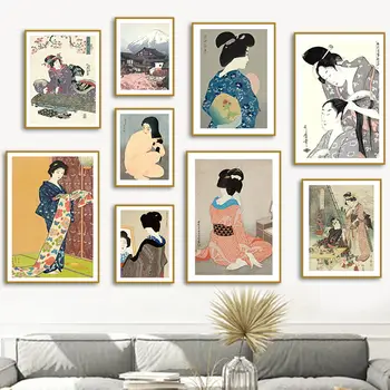Японское кимоно периода Эдо, Укие-э, гора Фудзи, женское настенное искусство, живопись на холсте, плакаты на скандинавскую тему, печать фотографий для декора гостиной