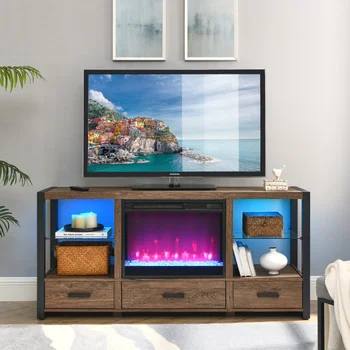 60-дюймовая Подставка для телевизора с Электрическим Камином и подсветкой Sync Colorful LED-Восстановленный цвет Барнвуда для мебели в гостиной