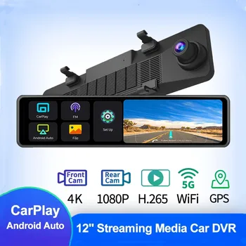 12-Дюймовое Зеркало заднего вида 4K Carplay и Android Auto Автомобильный Видеорегистратор Cam С двойным объективом 3840*2160P Dash Cam 5G WiFi GPS FM 1080P Камера Рекордер