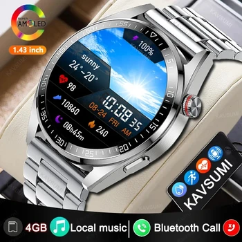 1,43-дюймовые смарт-часы для мужчин и женщин, музыкальные часы объемом 4 ГБ, спортивный фитнес-трекер, Bluetooth-вызов, водонепроницаемые умные часы для iPhone Samsung