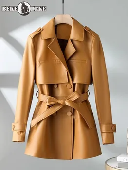 Модные офисные женские осенние двубортные куртки из натуральной овчины, приталенная женская ветровка с поясом, Тренчкот