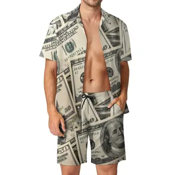 Мужские комплекты пляжной одежды в долларах, повседневная рубашка с денежной валютой, Летние шорты с принтом, винтажный костюм из 2 предметов, большие размеры 2XL 3XL